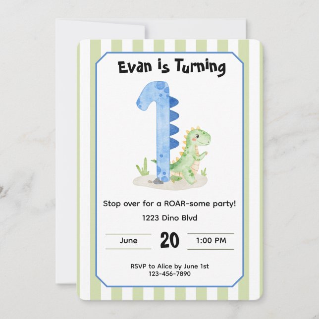 Editable Dinosaur 1st Birthday Invitation  (Front)