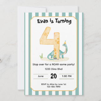 Editable Dinosaur 4th Birthday Invitation 