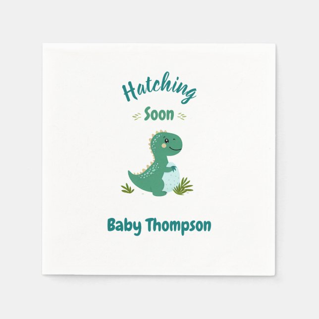 Editable Dinosaur Baby Boy Shower Hatching Soon Napkins (Front)