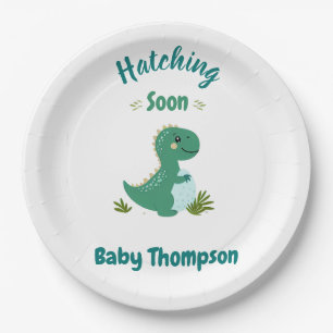 Editable Dinosaur Baby Boy Shower Hatching Soon Paper Plates