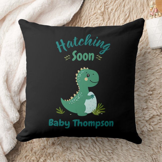 Editable Dinosaur Baby Boy Shower Hatching Soon Throw Pillow (Blanket)