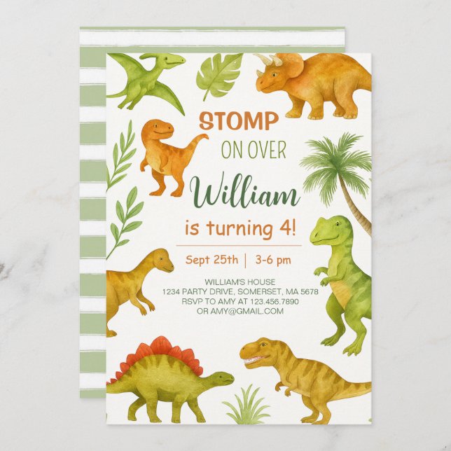 Editable Dinosaur Birthday Party  Invitation (Front/Back)