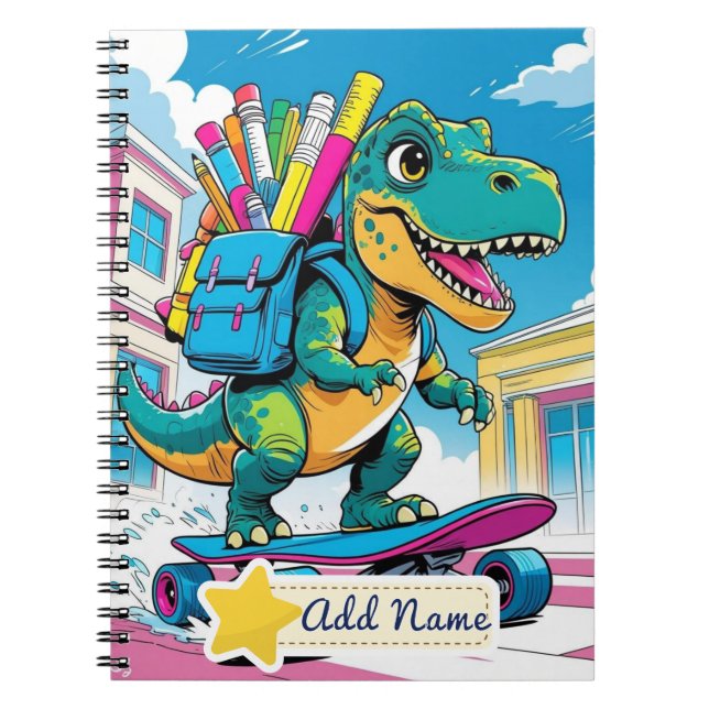 Editable Dinosaur School Notebook – Skateboard  (Front)