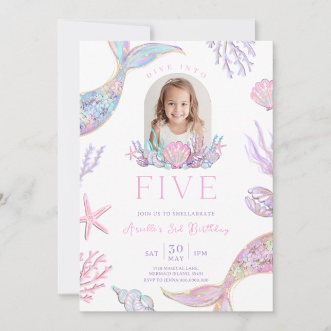 Editable Dive Into Five Mermaid Invitation (Front)
