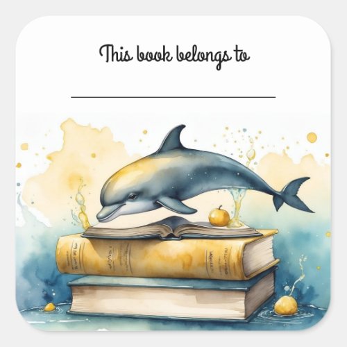 Editable Dolphin and Books Bookplate Sticker