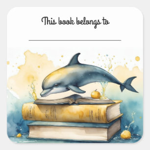 Editable Dolphin and Books Bookplate Sticker