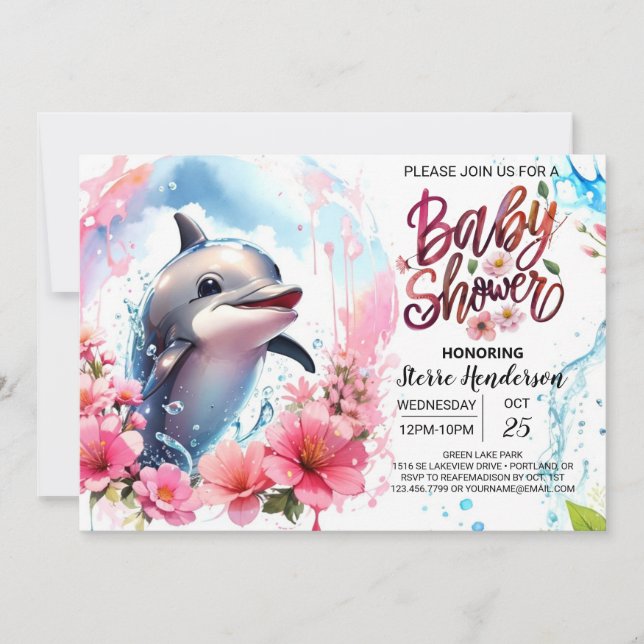 Editable Dolphin Girl Baby Shower Invitation (Front)