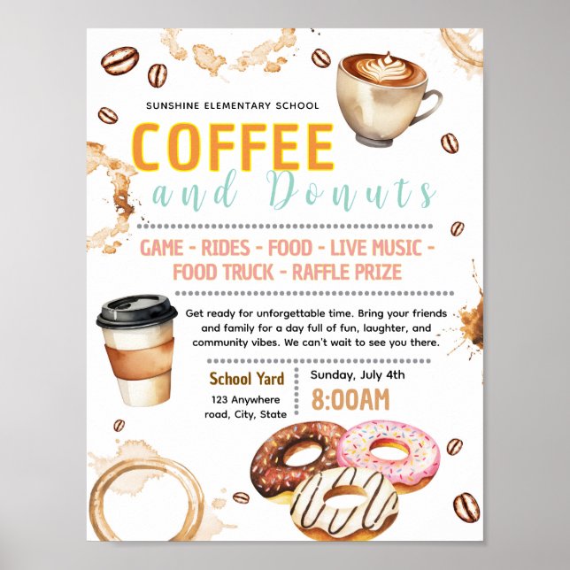 Editable donut and coffee fundraiser flyer poster (Front)