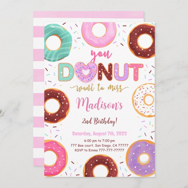 Editable Donut Birthday Party Invitation (Front/Back)