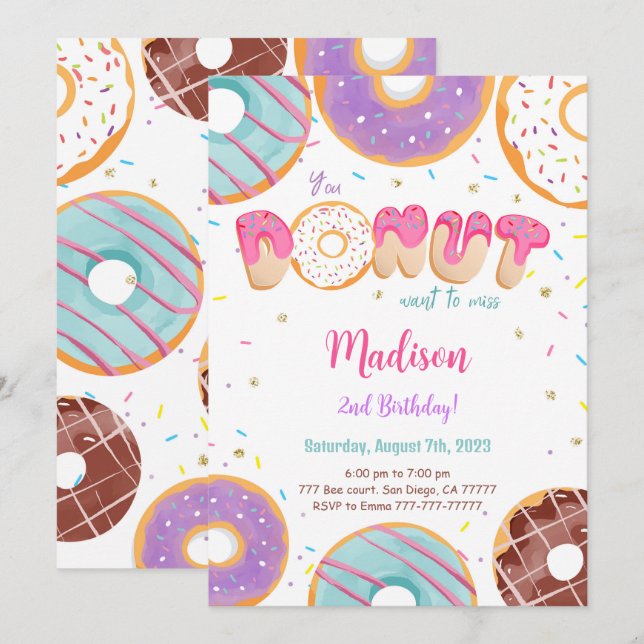 Editable Donut Birthday Party Invitation (Front/Back)