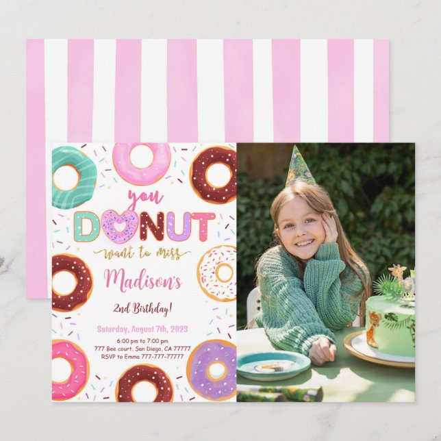 Editable Donut Birthday Party Photo Invitation (Front/Back)