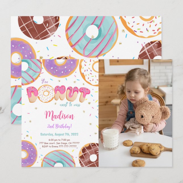Editable Donut Birthday Party Photo Invitation (Front/Back)