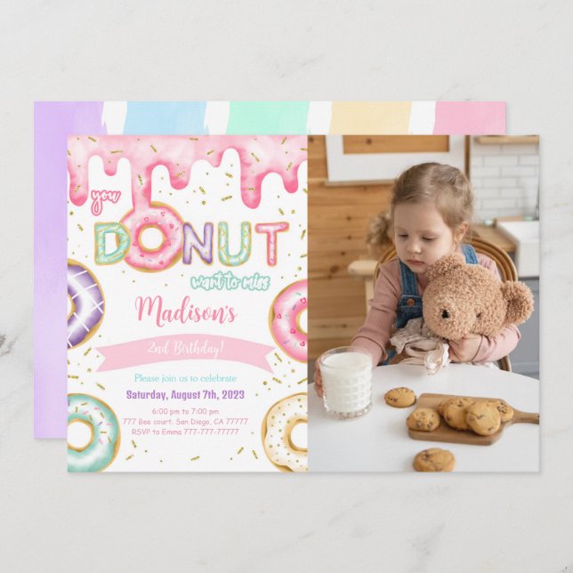 Editable Donut Birthday Party Photo Invitation (Front/Back)