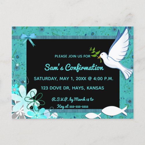 Editable Dove and Fish Confirmation Invitation Postcard