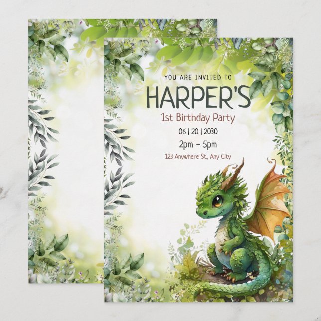 Editable Dragon 1st Birthday Party Invitation (Front/Back)