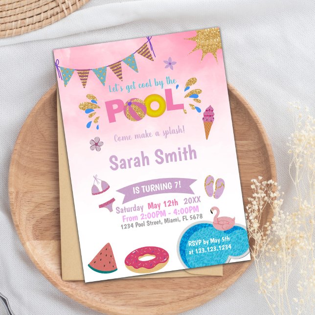 Editable Dreamy Summer Swim Party Invite for Girls (Pink Cloud Pool Birthday Invitations)