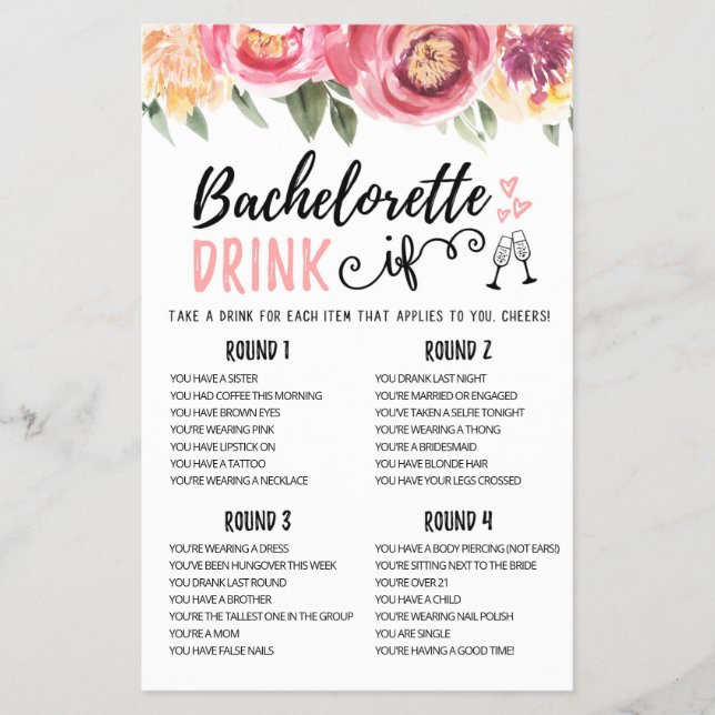 Editable DRINK IF Bachelorette, Hen Party game (Front)