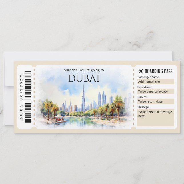 Editable Dubai Boarding Pass Plane ticket Invitation (Front)
