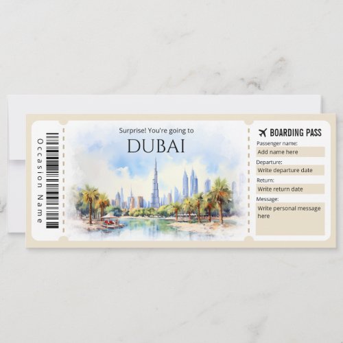 Editable Dubai Boarding Pass Plane ticket Invitation