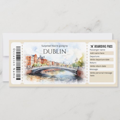 Editable Dublin Boarding Pass Plane ticket Invitation