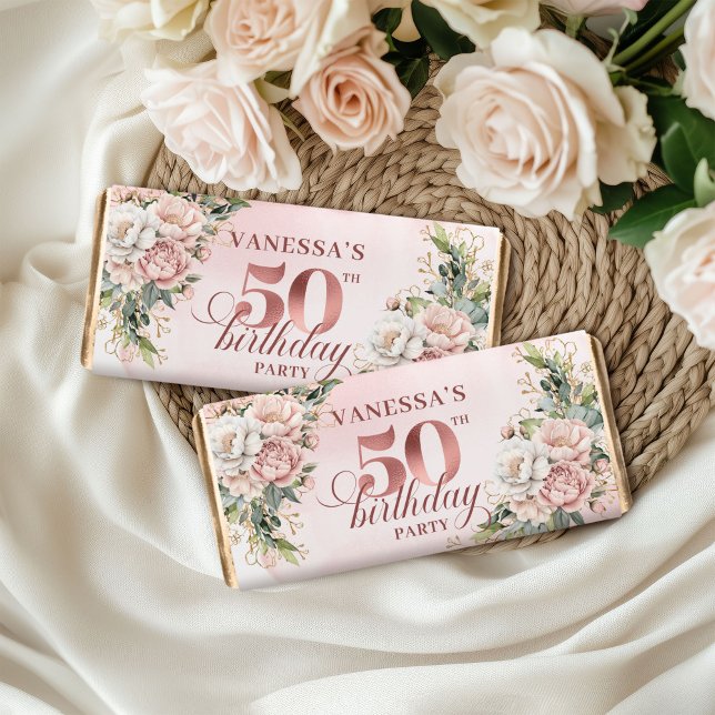 Editable Dusty Pink Floral 50th Birthday Hershey  (Editable Dusty Pink Floral 50th Birthday Hershey Bar)