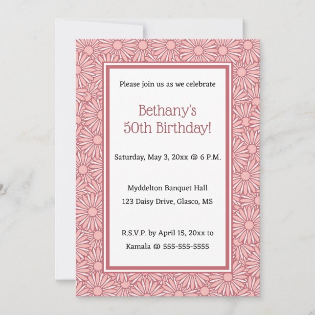 Editable Dusty Rose Daisy  Invitation (Front)