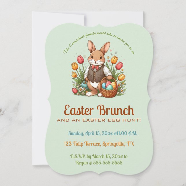 Editable Easter Brunch Egg Hunt Bunny and Tulips Invitation (Front)