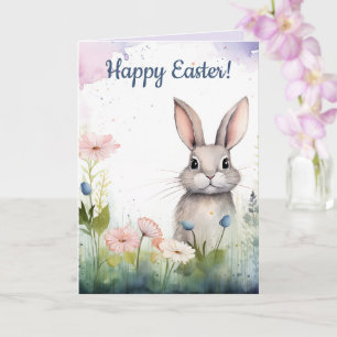 Editable Easter Bunny and Flowers Easter Card