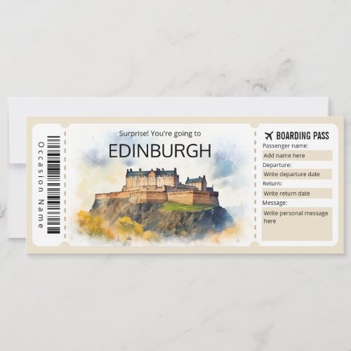 Editable Edinburgh Plane ticket Scotland Trip Invitation