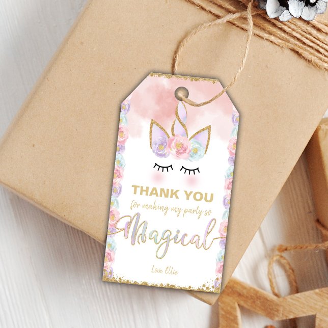 Editable Elegant Birthday Favor Labels (Copper Color Unicorn Gift Tags)