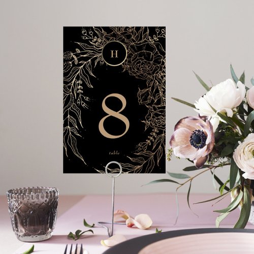 Editable Elegant Black Gold Custom Wreath Wedding Table Number