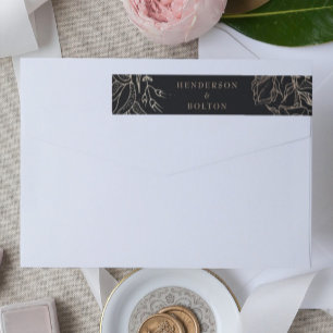 Editable Elegant Black Gold Custom Wreath Wedding Wrap Around Label