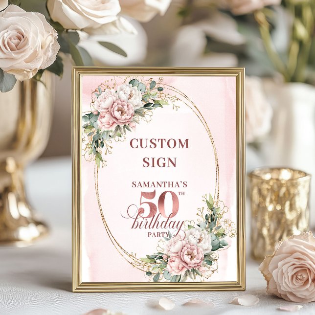 Editable Elegant Blush Floral 50th Birthday Custom Poster (Editable Elegant Blush Floral 50th Birthday Custom Sign)