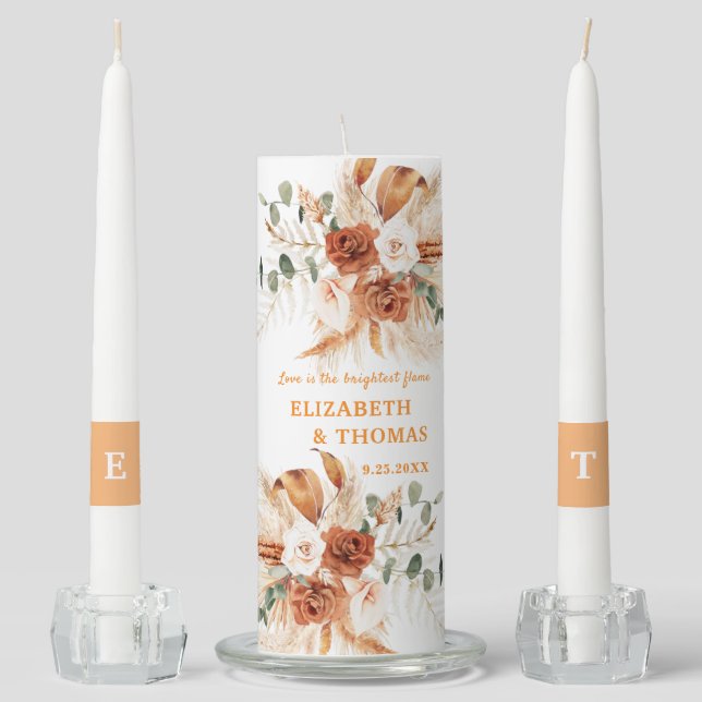 Editable Elegant Floral Terracotta Wedding Unity Candle Set (Front)
