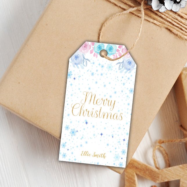 Editable Elegant Holiday Favor Labels (Pink Floral Christmas Gift Tags)