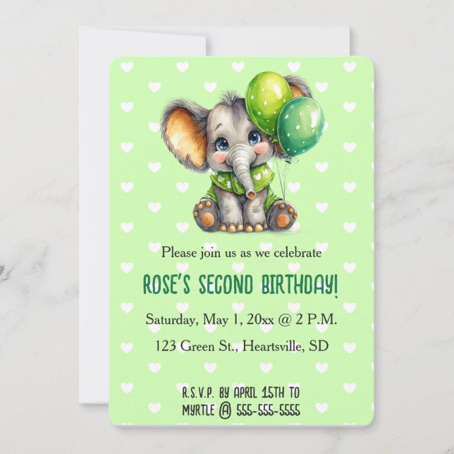 Editable Elephant with Two Balloons Birthday Invitation (Front)