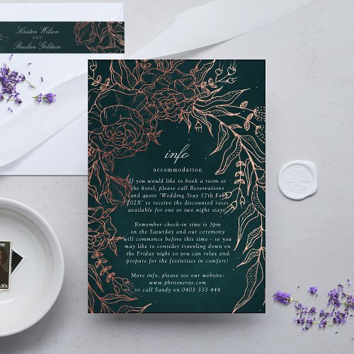 Editable Emerald Flower Wreath Copper Foil Wedding Enclosure Card