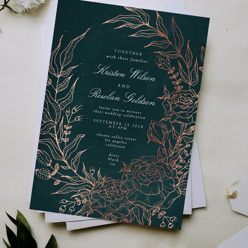 Editable Emerald Flower Wreath Copper Foil Wedding Invitation