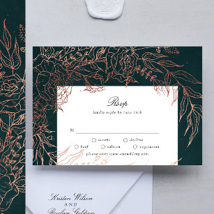 Editable Emerald Flower Wreath Copper Foil Wedding RSVP Card