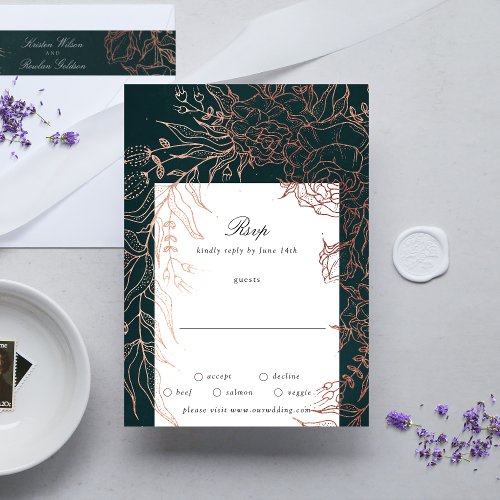 Editable Emerald Flower Wreath Copper Foil Wedding RSVP Card