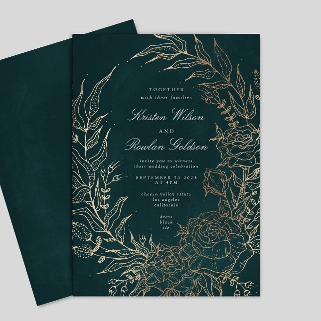 Editable Emerald Flower Wreath Gold Foil Wedding Invitation (Creator Uploaded)