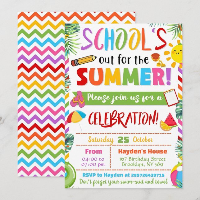 Editable End of School Party Schools Out Party  Invitation (Front/Back)