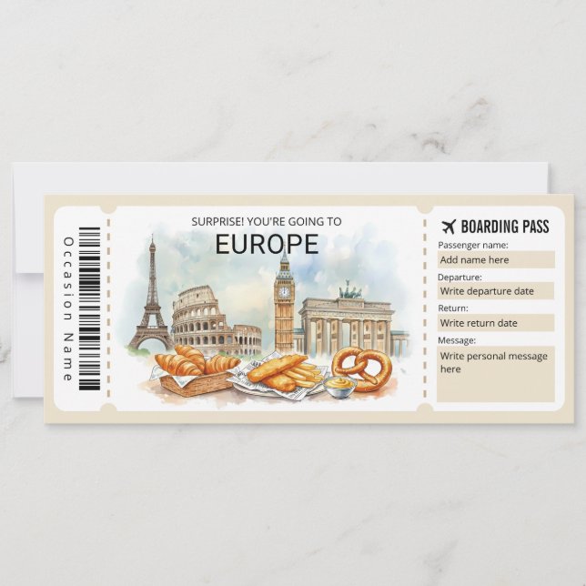 Editable Europe Trip Boarding Pass Ticket Invitation (Front)