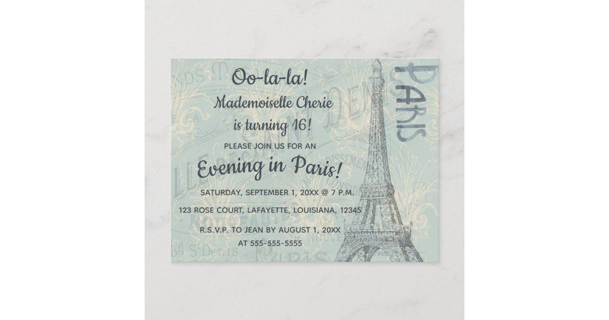 Editable Evening In Paris Birthday Invitation Zazzle 