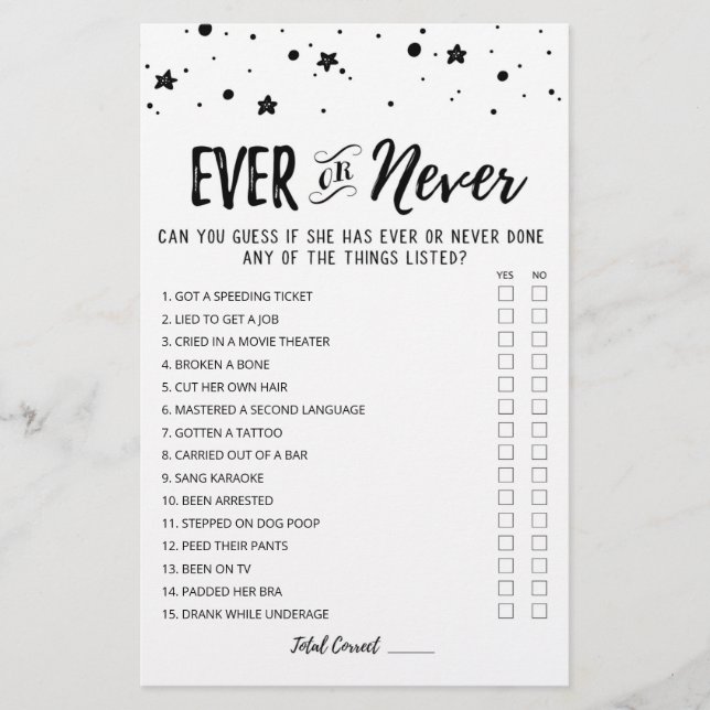 Editable Ever or Never Bridal Shower game (Front)