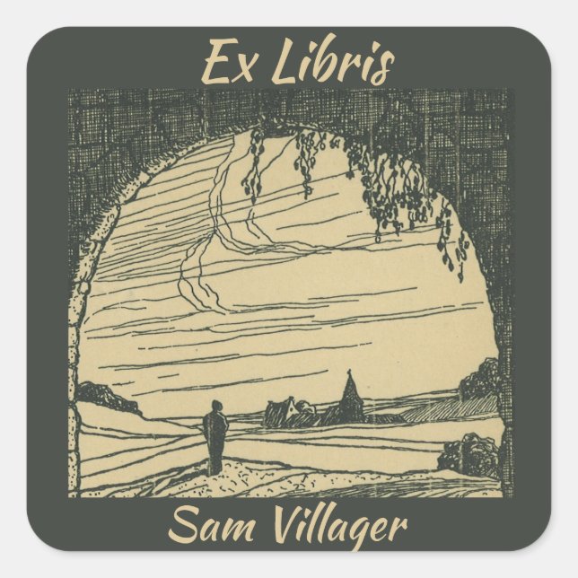 Editable Ex Libris Man Entering Village Bookplate (Front)