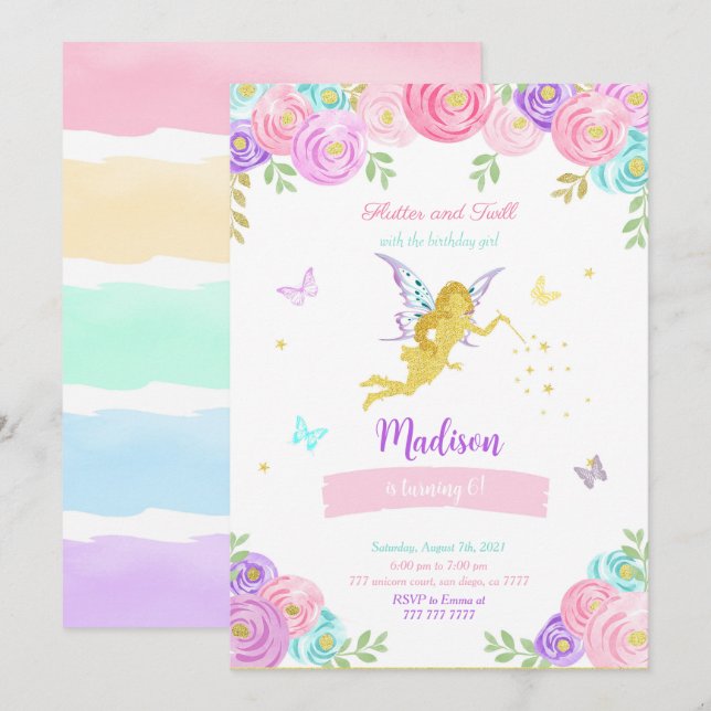 Editable Fairy Birthday Party  Invitation (Front/Back)