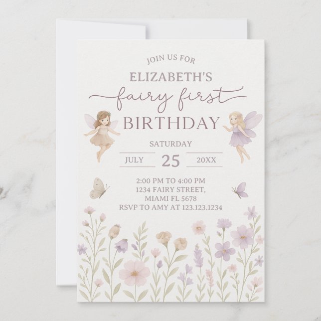 Editable Fairy First Birthday Invitation (Front)