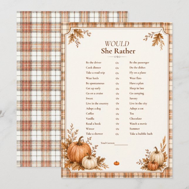 Editable Fall Bridal Shower Would She Rather Game Invitation (Front/Back)