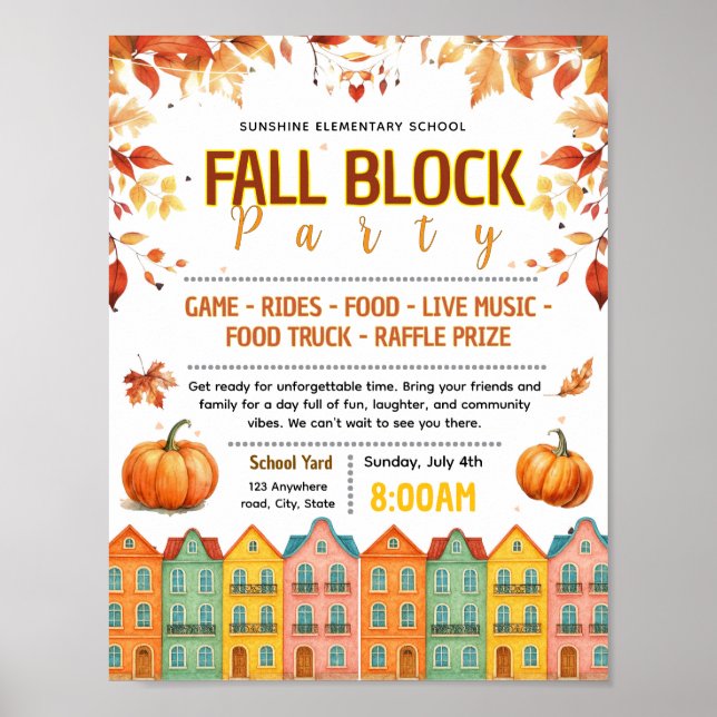 Editable fall neighborhood block party flyer poster (Front)